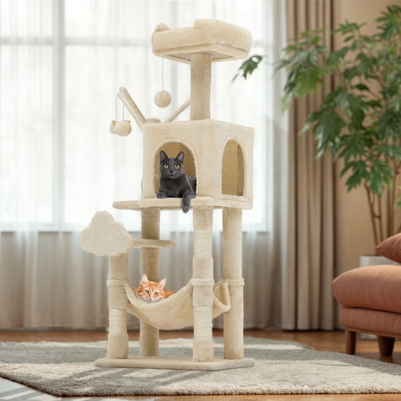 Uforic 44" Cat Tree Tower with Scratch Posts, Condo, Hammock & Toys, Beige