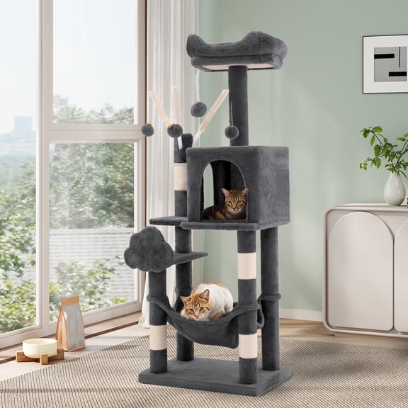 Uforic 44" Cat Tree Tower, with Scratch Posts, Condo, Hammock, Toys, Dark Gray