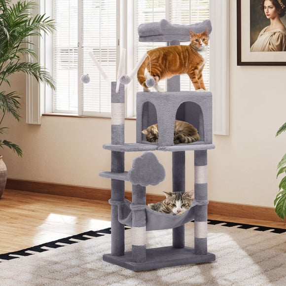Uforic 44" Cat Tree Tower with Scratch Posts, Condo, Hammock & Toys, Light Gray