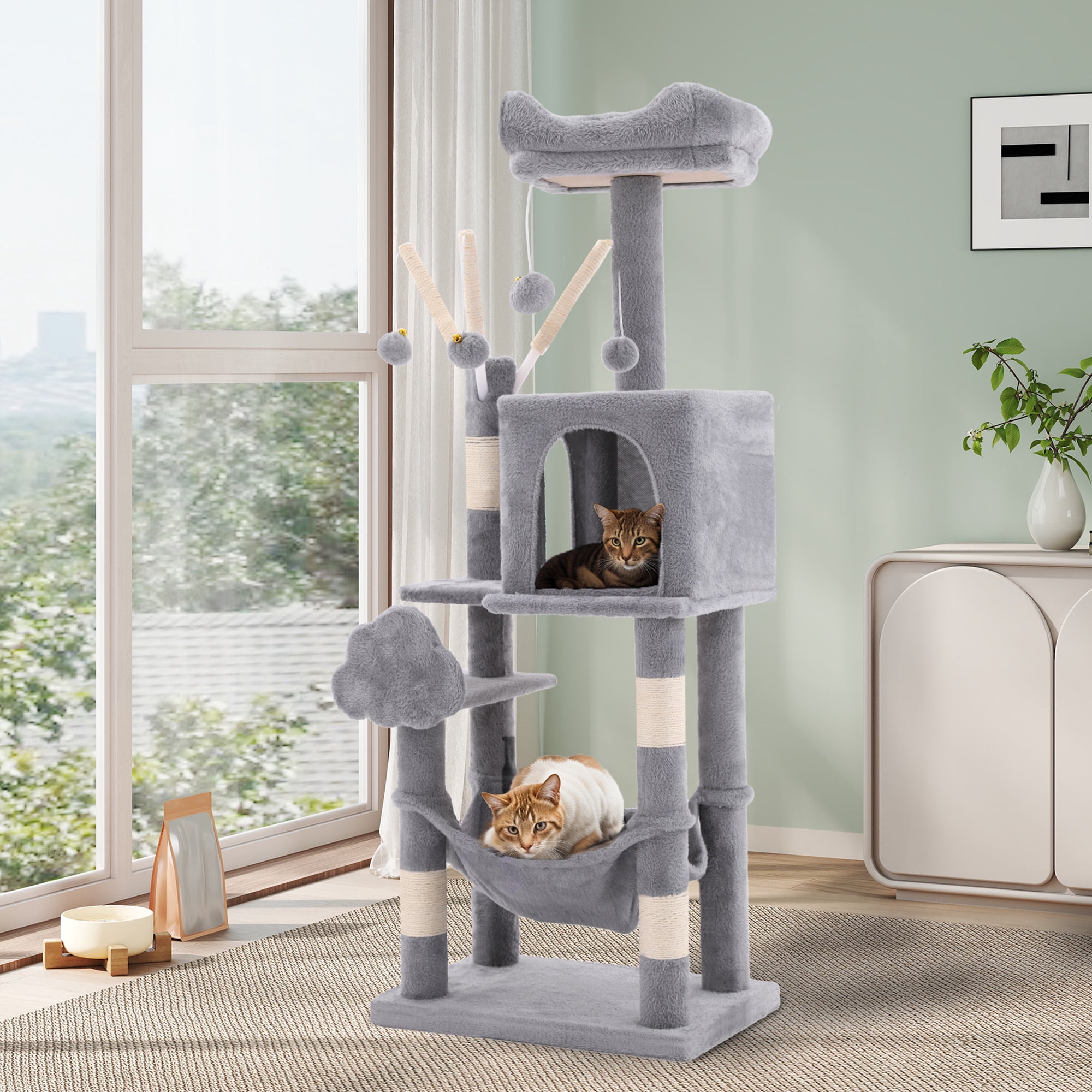 Uforic 44" Cat Tree Tower, with Scratch Posts, Condo, Hammock, Toys, Light Gray