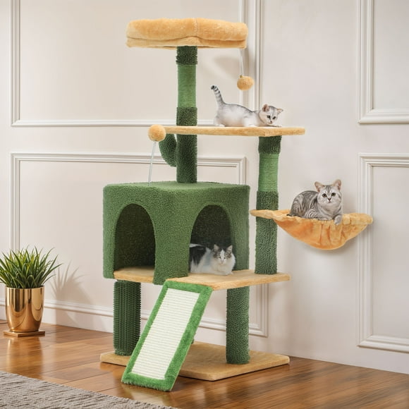 Uforic 45" Cactus Cat Tree Tower with Sisal Scratching Posts, Cat Climbing Tower for Indoor Cats with Cat Condo & Hammock, Green&Yellow
