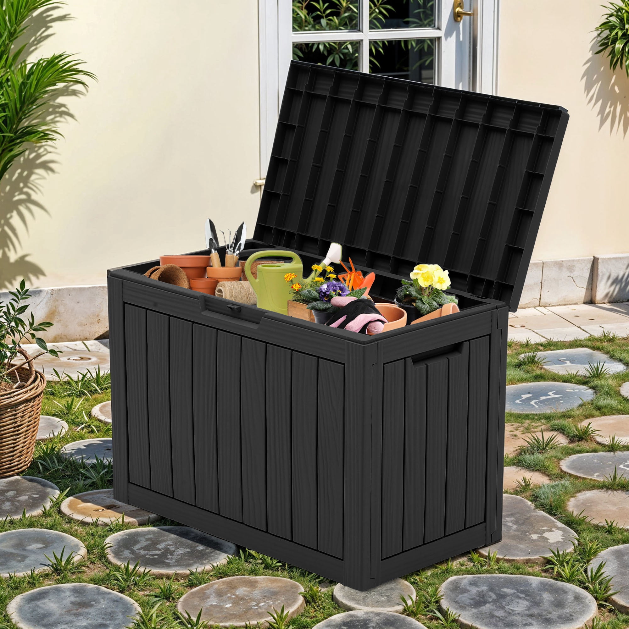 Uforic 45 Gallon Waterproof Resin Outdoor Storage Deck Box, Lockable Organizer for Patio Pool Garden, Black