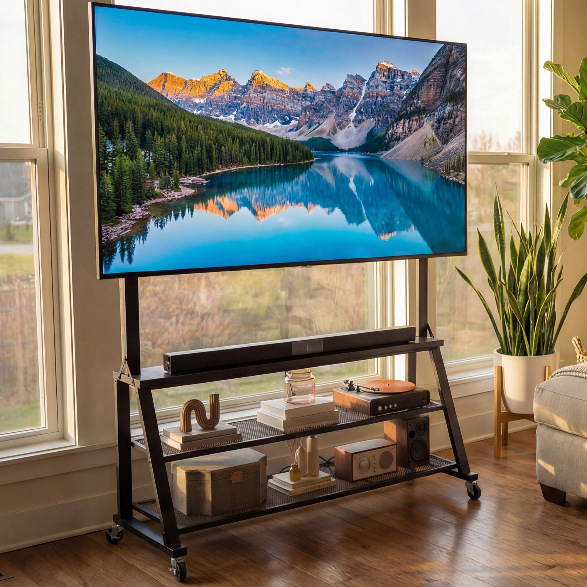 Uforic 46"W Rolling TV Stand with Lockable Wheels & Power Outlets, Mobile Cart for 32-75 Inch TVs, Black Oak
