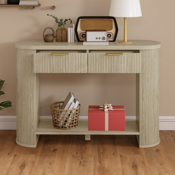 Uforic 47.2" Boho Fluted Console Table with Drawers & Open Shelf for Entryway & Living Room, Oak