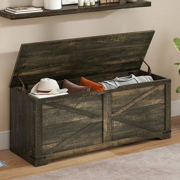 Uforic 47.2" Farmhouse Storage Bench, Wooden Chest with Safety Hinges, Shoe Organizer - Rustic Brown