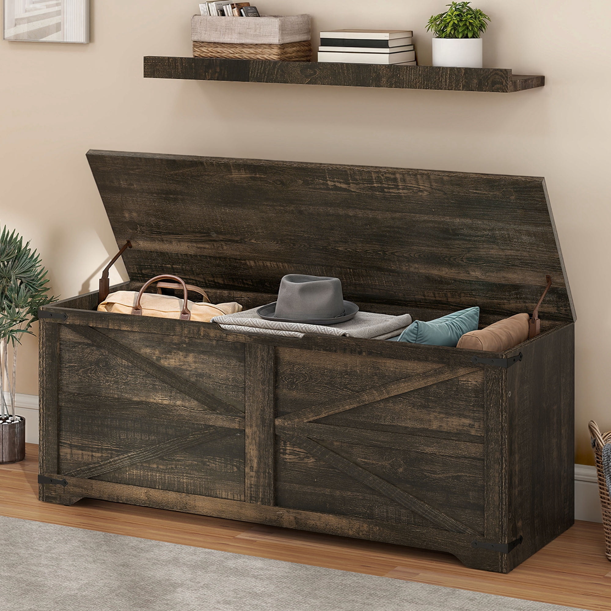 Uforic 47.2" Farmhouse Storage Bench with 2 Safety Hinges, Wooden Storage Chest with 2 Safety Hinges for Storage Organizer, Shoe Bench - Black Oak