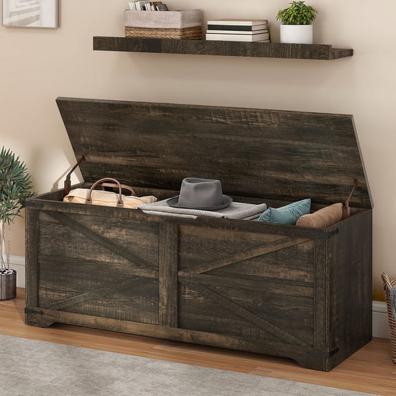 Uforic 47.2" Farmhouse Storage Bench with 2 Safety Hinges, Wooden Storage Chest with 2 Safety Hinges for Storage Organizer, Shoe Bench - Black Oak
