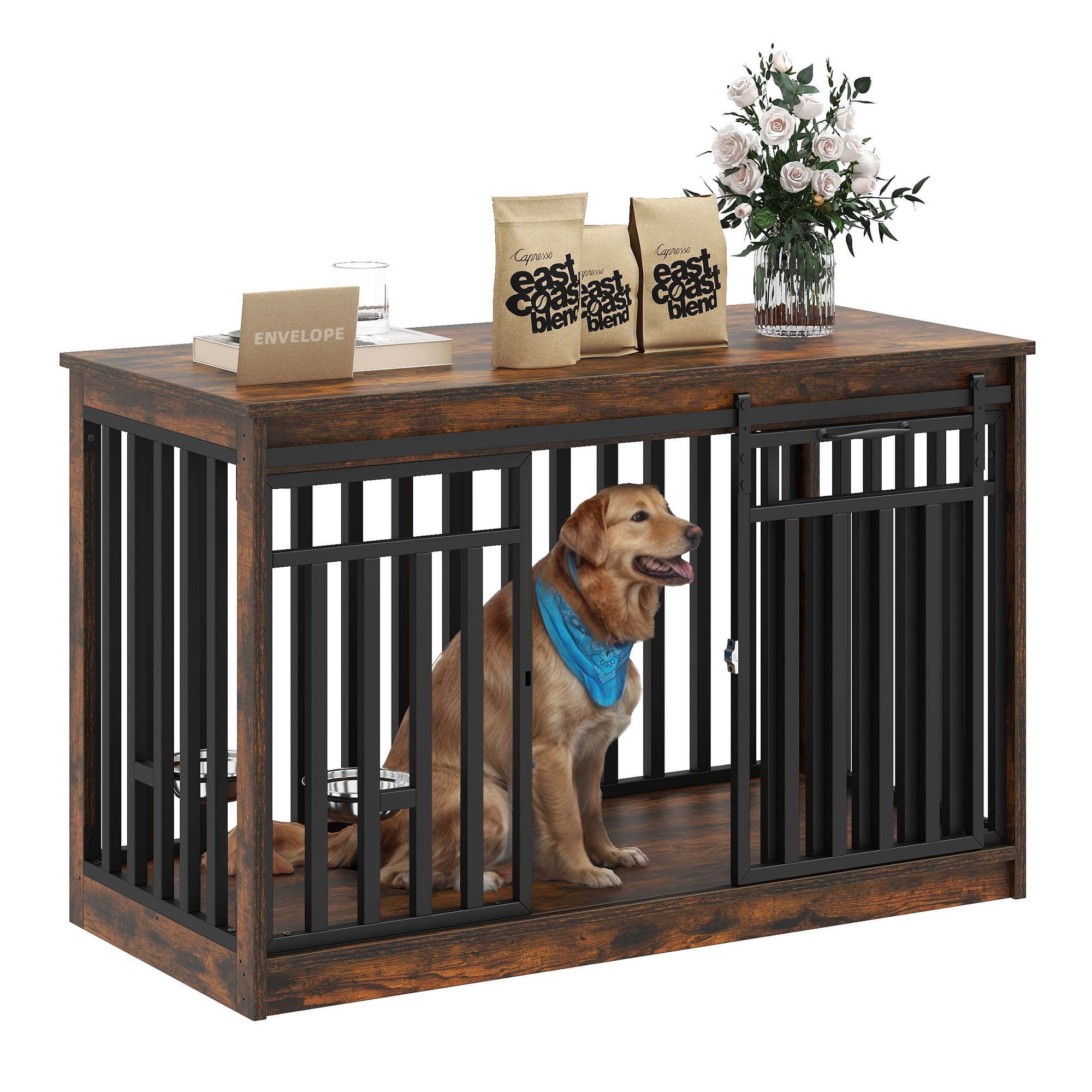 Uforic 47.2 Inch Large Dog Crate Furniture, Heavy Duty Wood Dog Kennel,Dog Cage with Sliding Doors, 2 Dog Bowl for Extra Large Dogs,Medium Dogs - Rustic Brown