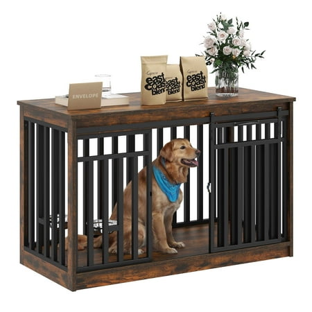 Uforic 47.2 Inch Large Dog Crate Furniture, Heavy Duty Wood Dog Kennel,Dog Cage with Sliding Doors, 2 Dog Bowl for Extra Large Dogs,Medium Dogs - Rustic Brown