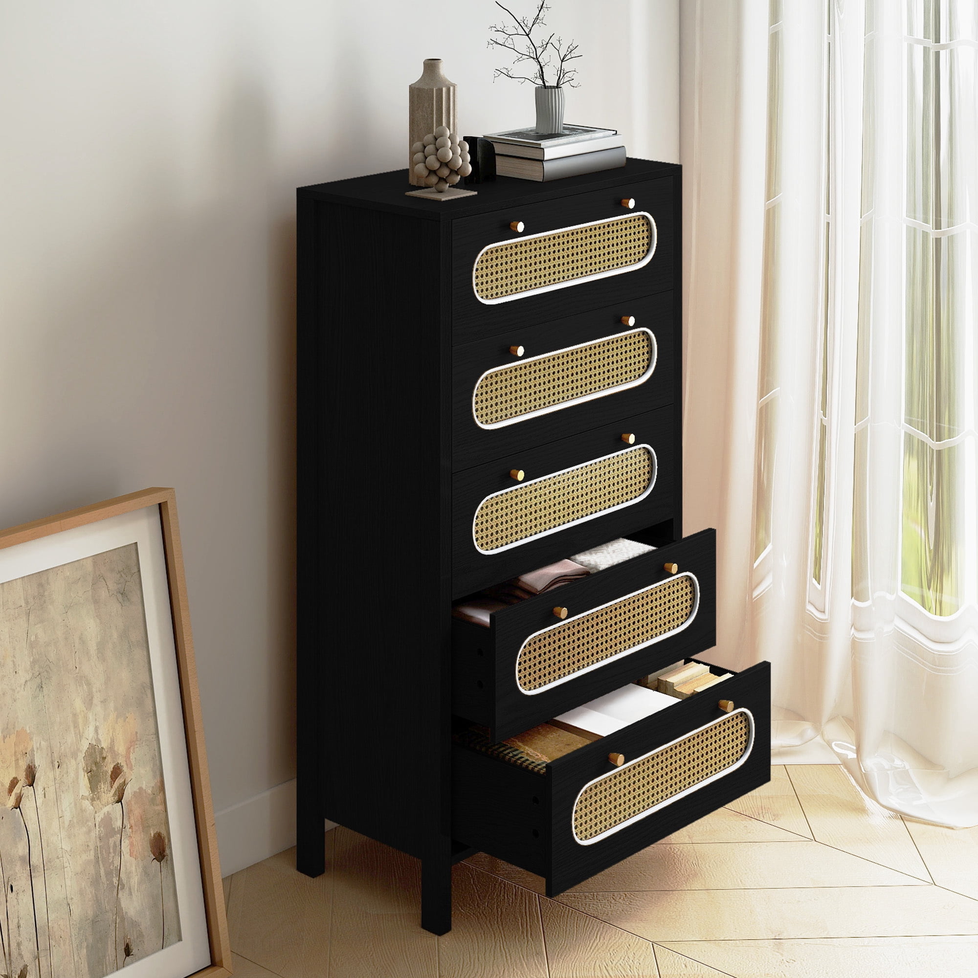 Uforic 47" 5 Drawer Tall Rattan Vertical Dresser with Metal Handles, Chest of Drawers for Bedroom, Living Room, Black Oak