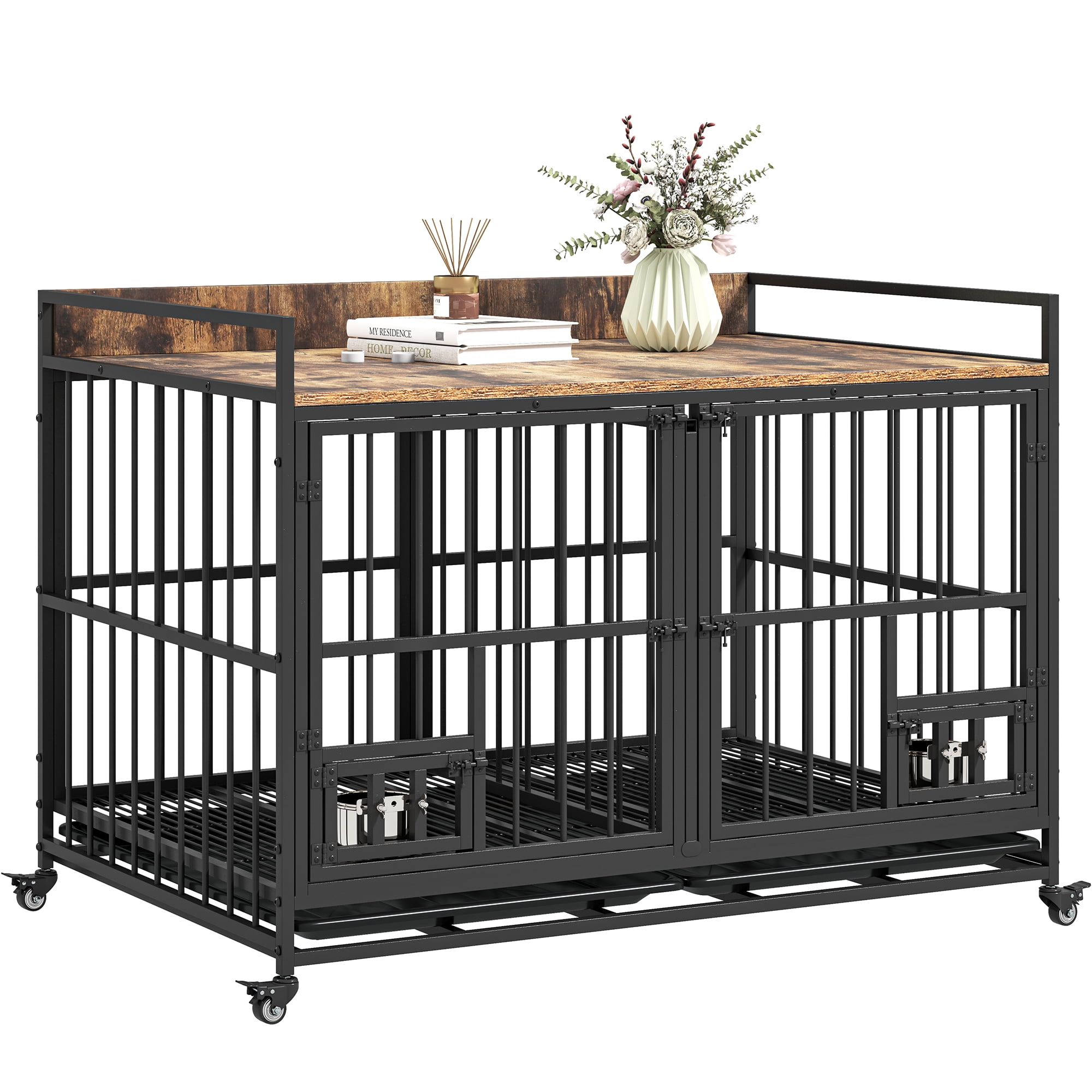 Uforic 47.5" Large Dog Crate Furniture with Double Lockable Doors, Heavy Duty Wooden Dog Kennel with Removable Divider &360° Rotatable Dog Bowls & 360° Wheels & 2 Trays