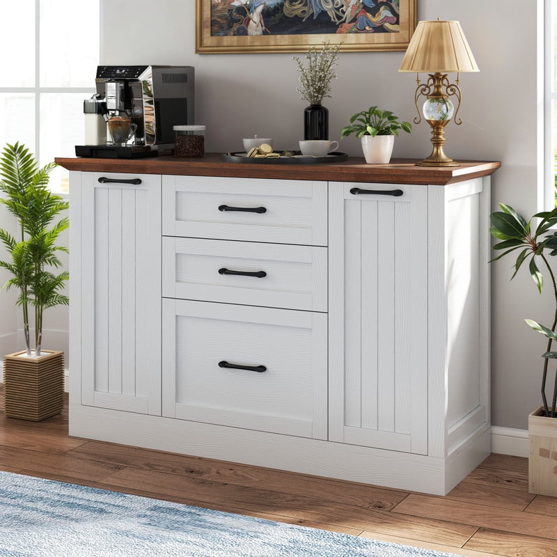 Uforic 47'' Buffet Sideboard Cabinet with 5 Drawers, Farmhouse Kitchen Storage Cabinet for Kitchen Dining Living Room, White