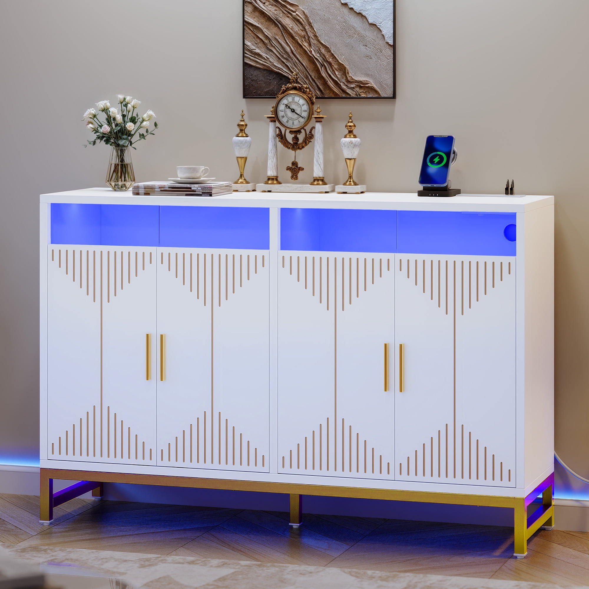 Uforic 47" Buffet Sideboard Cabinets with LED Light, Modern Coffee Bar Cabinet with Power Outlet, Kitchen Storage Cabinet with 4 Door & Open Storage, Accent Cabinet Cupboard Console Table