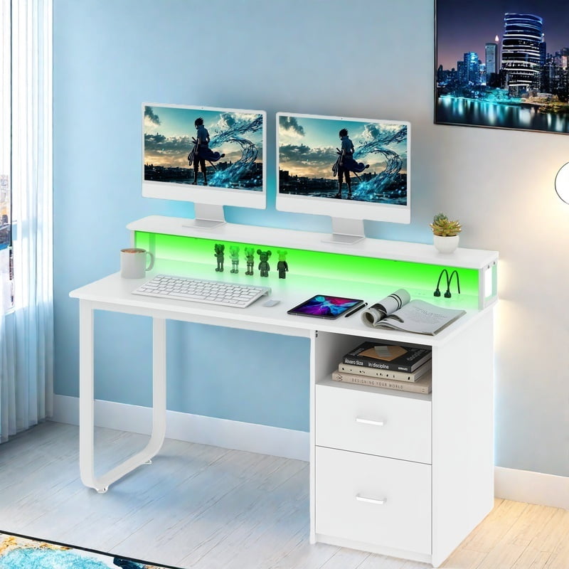 Uforic 47" Computer Desk with Drawers, Home Office Desk with LED Lights& Power Outlet, White