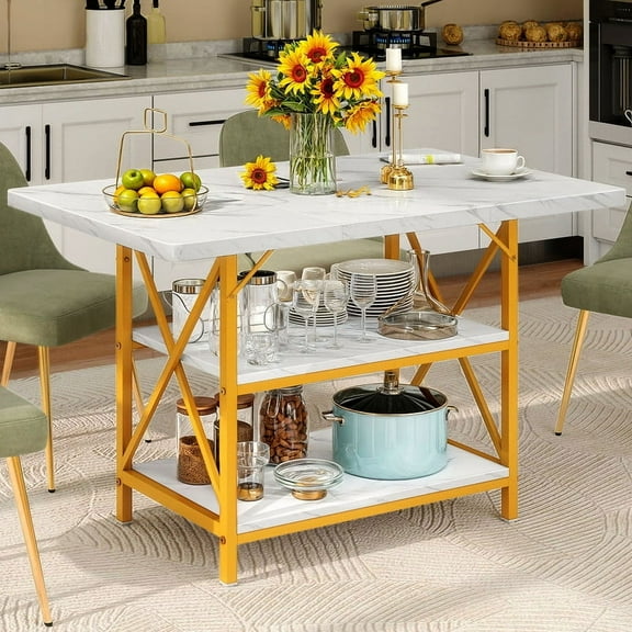 Uforic 47" Dining Table for 4, Dining Room Table with Storage Shelf, ModernRectangle Kitchen Table for Home Kitchen Dining Room Living Room, White& Gold