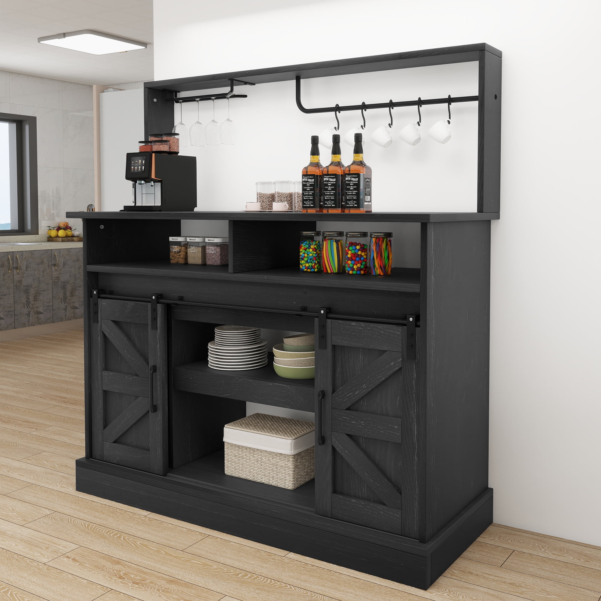 Uforic 47" Farmhouse Coffee Bar Cabinet, Buffet Sideboard with Power Outlets, Wine Glass Rack, Black Oak