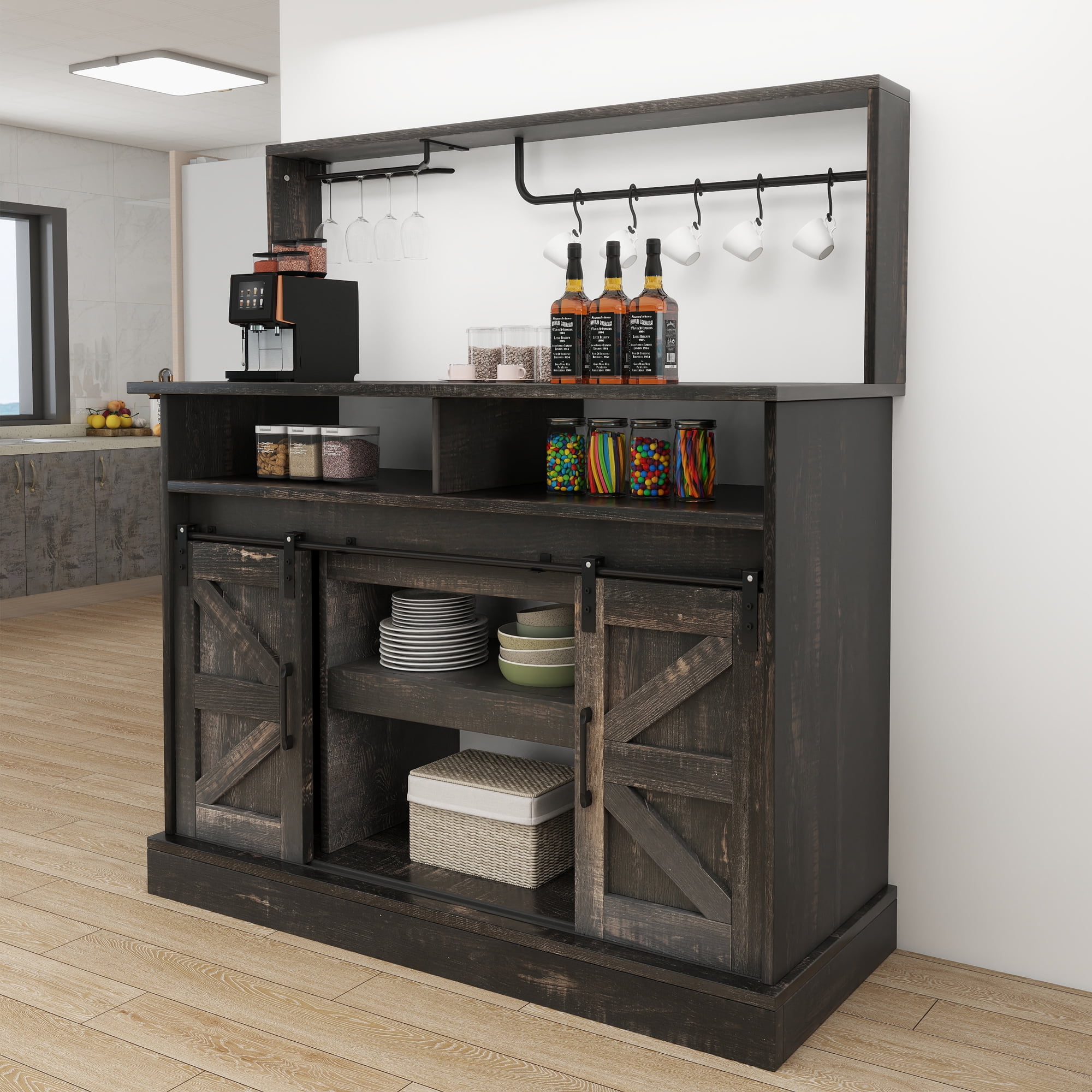 Uforic 47" Farmhouse Coffee Bar Cabinet, Sideboard Buffet with Power Outlets & Sliding Barn Doors, White