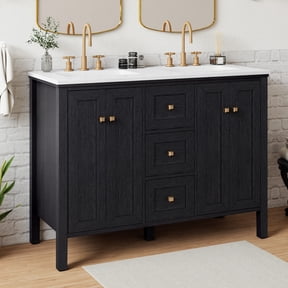 Uforic 47 Inch Bathroom Vanity with Double Sink, Retro Style, Sintered Stone Countertop, 4 Doors & 3 Drawers, 6 Pre-drilled Faucet Holes, Black