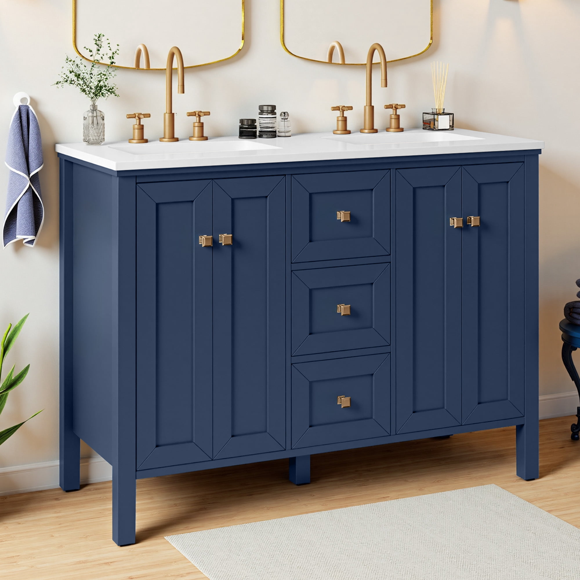 Uforic 47 Inch Bathroom Vanity with Double Sink, Retro Style, Sintered Stone Countertop, 4 Doors & 3 Drawers, 6 Pre-drilled Faucet Holes, Blue