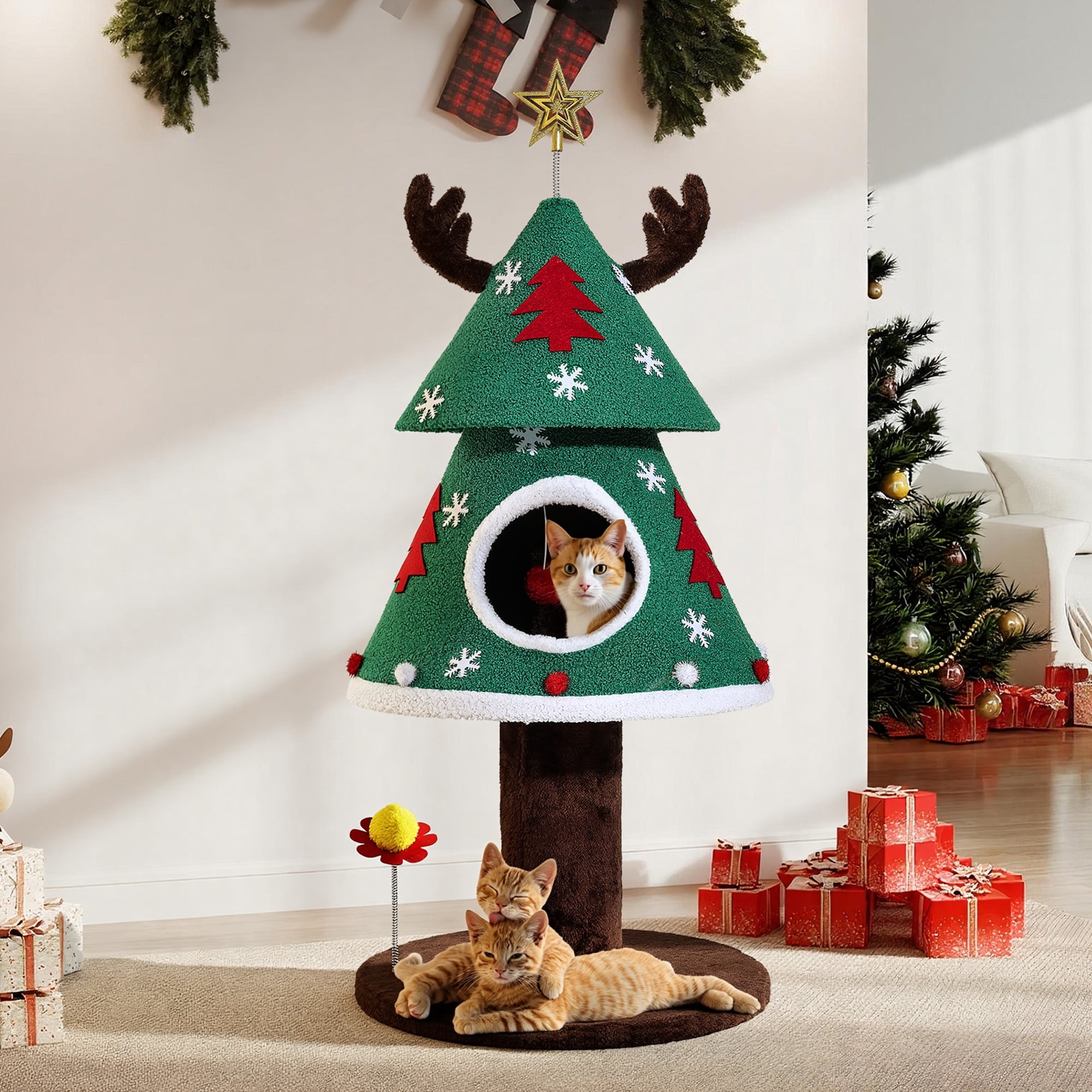 Uforic 47 Inch Indoor Flannel Festive Christmas Cat Tree Tower with Cat Condo, Anti-Tip Stable Base for Small Medium Cats, Green