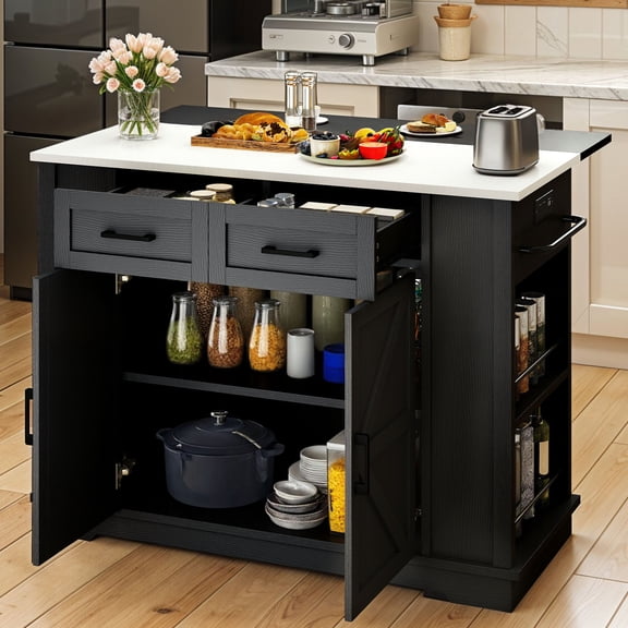 Uforic 47 Inch Mobile Kitchen Island Cart with Stainless Steel Top, Built-in Power Outlet, Adjustable Shelves, Spice Rack & Towel Rack, Rolling Storage Cabinet for Kitchen, Black