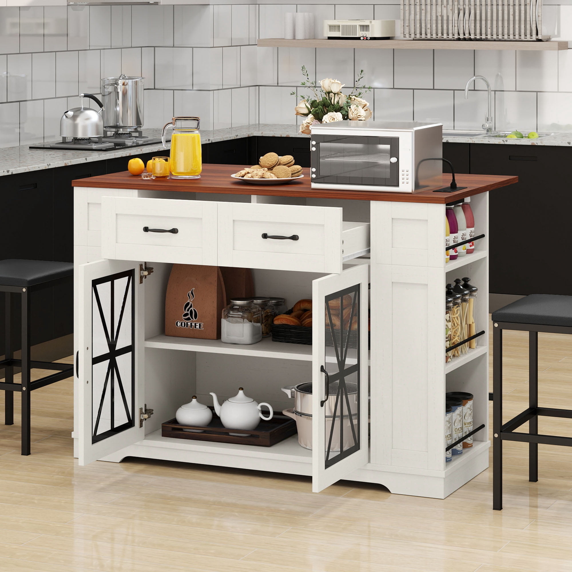 Uforic 47 Inch Storage Kitchen Island Island with Foldable Drop Leaf & Power Outlet, Spice Rack, 2 Upholstered Stools & Footrest for Kitchen Dining Room,Off White