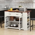 thumbnail image 1 of Uforic 47 Inch Storage Kitchen Island Island with Foldable Drop Leaf & Power Outlet, Spice Rack, 2 Upholstered Stools & Footrest for Kitchen Dining Room,Off White, 1 of 9