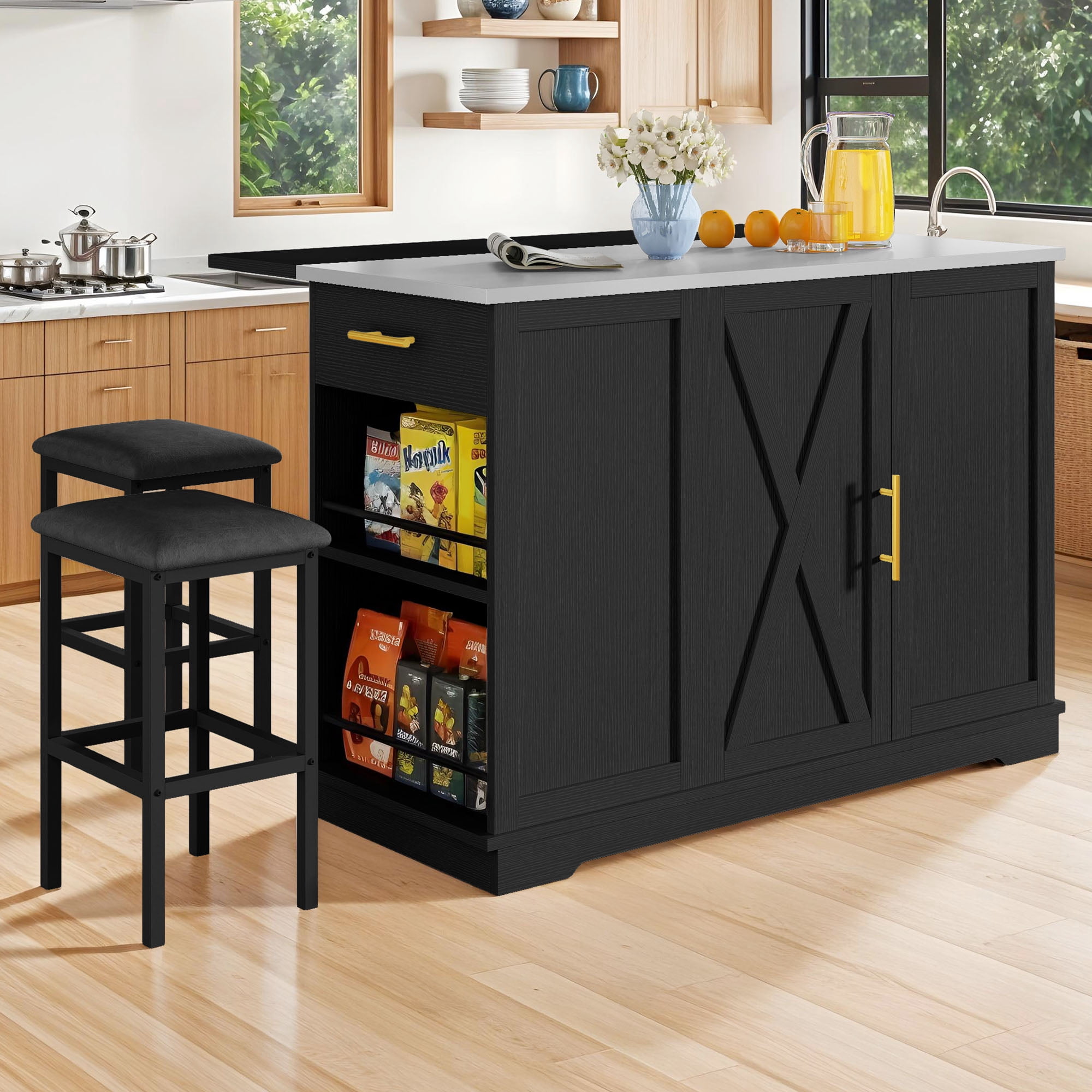 Uforic 47" Mobile Storage Island, Rolling Kitchen Island Cart with Drop Leaf & Stainless Steel Countertop, Bar Table with 2 Stools, Spice Rack, Black