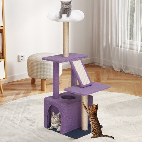 Uforic 48.4" Flower Cat Tree Tower with Kitty Condo, Sisal Scratching Posts and Board, Purple & White