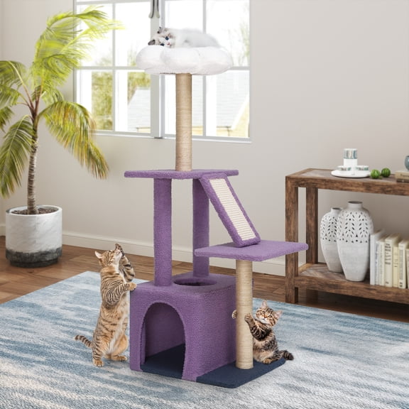 Uforic 48" Flower Cat Tree Tower, Purple/White Cat Climbing Tower with Detachable Perch, Condo & Sisal Scratching Posts