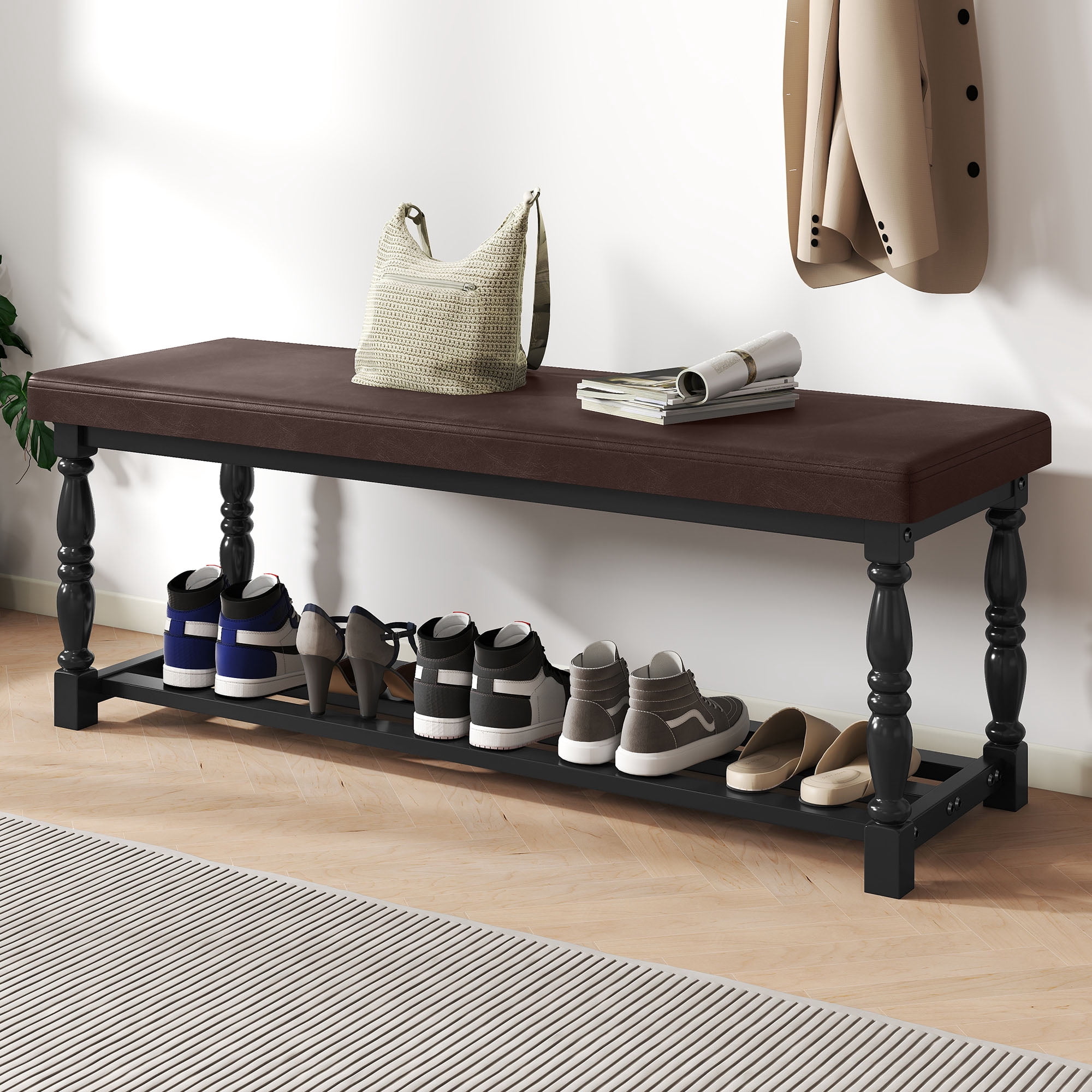 Uforic 48" Rectangular Shoe Bench with Shelves, Storage & Cushioned  Seat,Shoe Rack with Roman Style Legs - Black & Brown