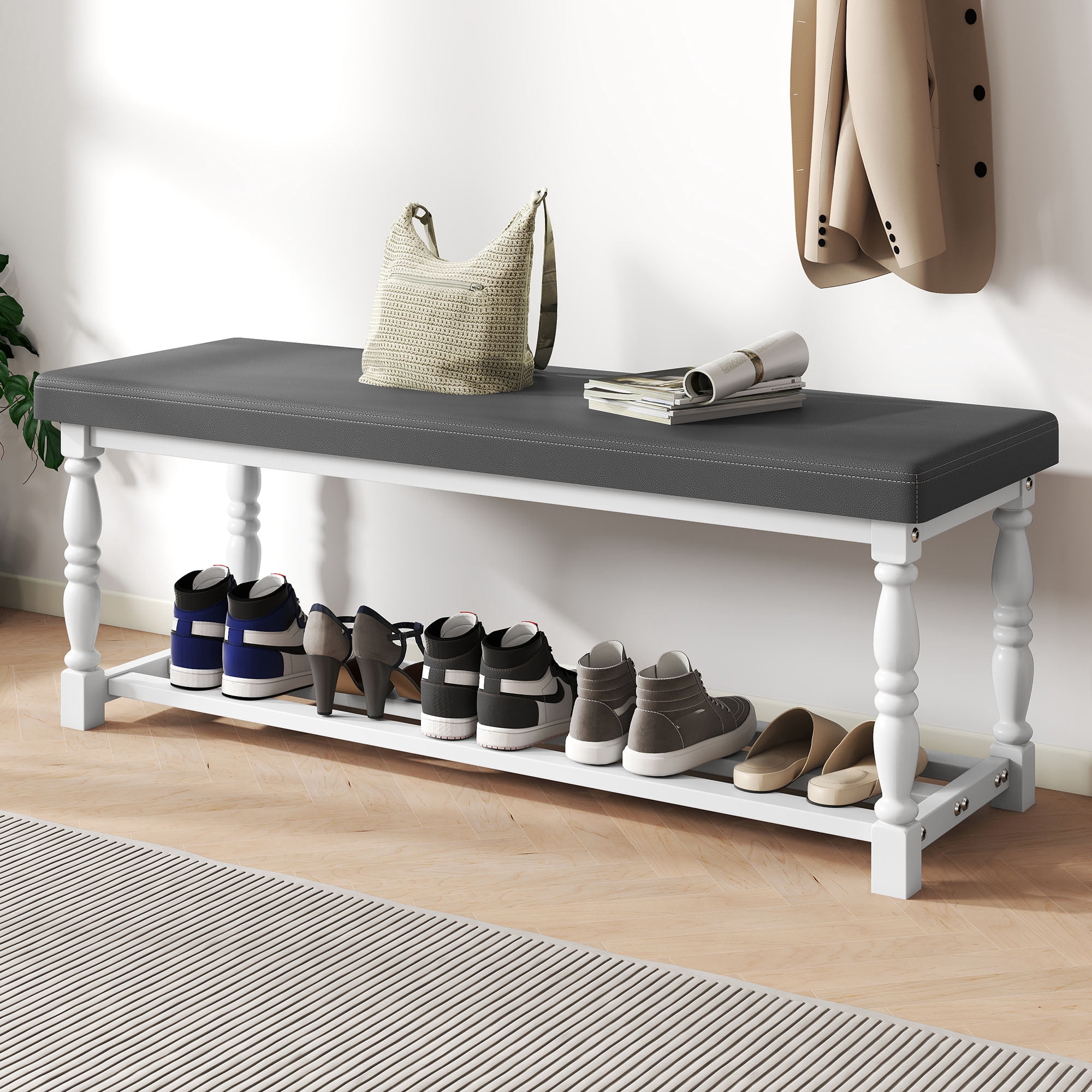 Uforic 48" Rectangular Shoe Bench with Shelves, Storage & Cushioned  Seat,Shoe Rack with Roman Style Legs - White & Gray