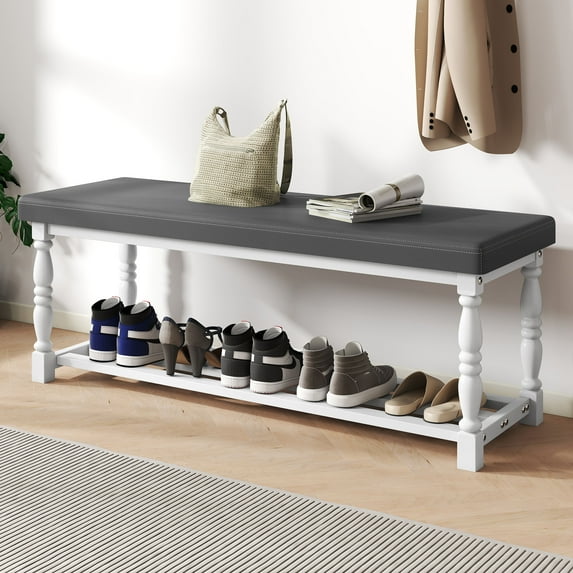 Uforic 48" Rectangular Shoe Bench with Shelves, Storage & Cushioned Seat,Shoe Rack with Roman Style Legs - White & Gray