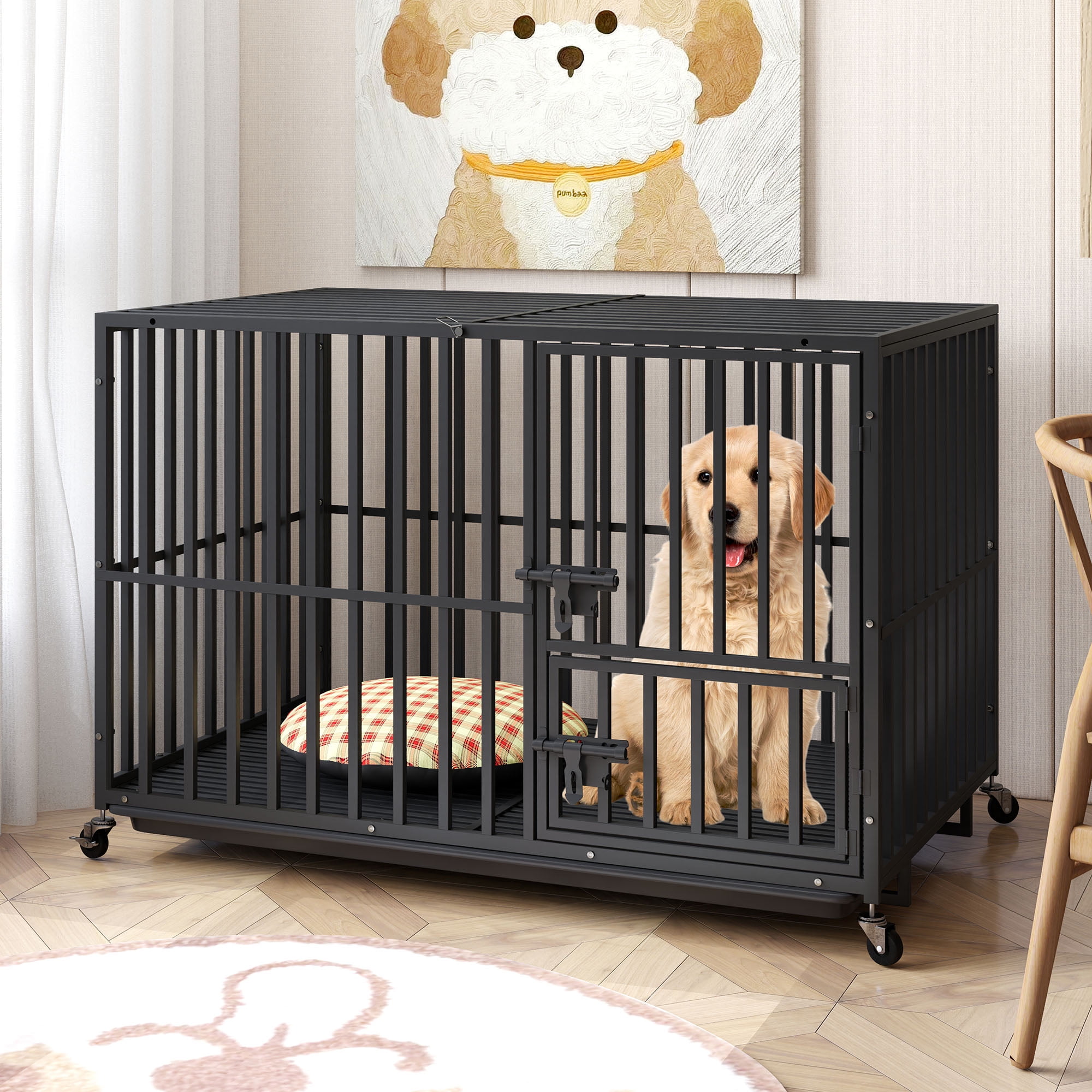 Uforic 48 inch Heavy Duty Dog Crate, Dog Cage Kennel with Lockable Wheels and Removable Tray