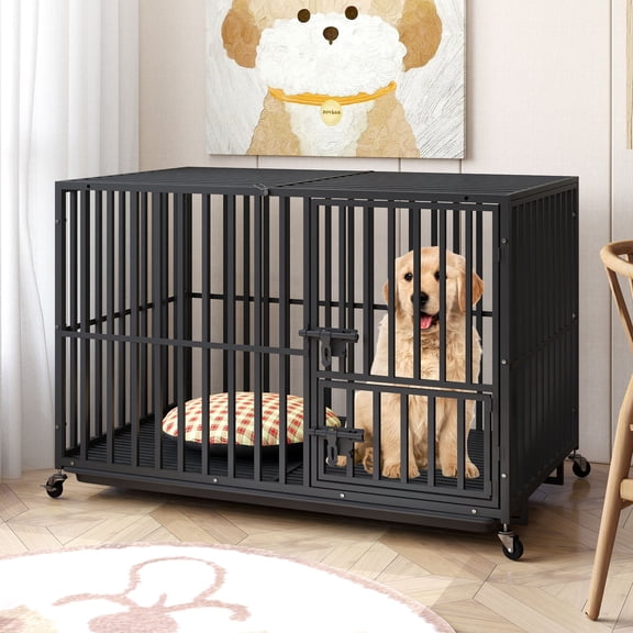 Uforic 48 inch Heavy Duty Dog Crate, Dog Cage Kennel with Lockable Wheels and Removable Tray