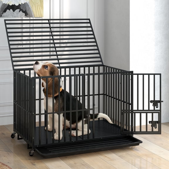 Uforic 48 inch Heavy Duty Dog Crate, Dog Cage Kennel with Lockable Wheels and Removable Tray
