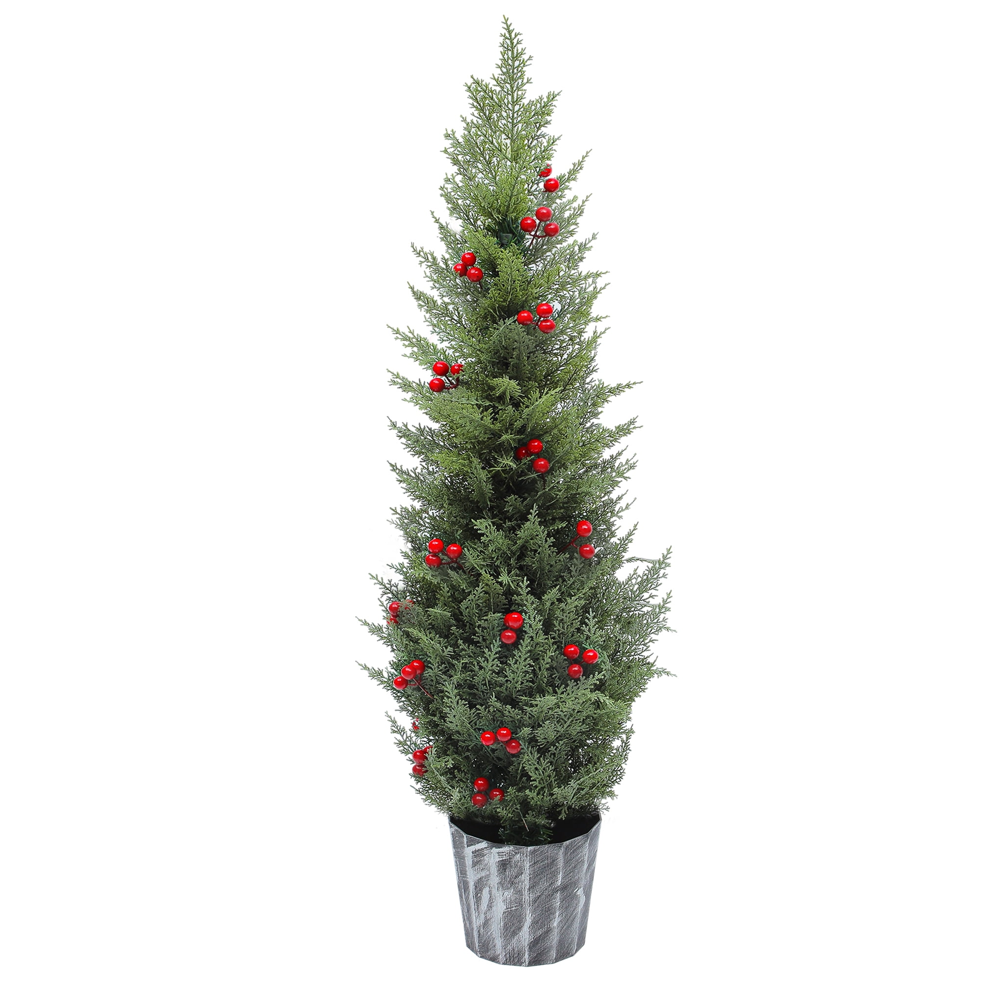 Uforic 4FT Artificial Cedar Topiary Tree ,Outdoor UV Resistant Artificial Cedar Tree Potted Plants with red Berries,for Home, Porch, Office Decor,1 Pcs