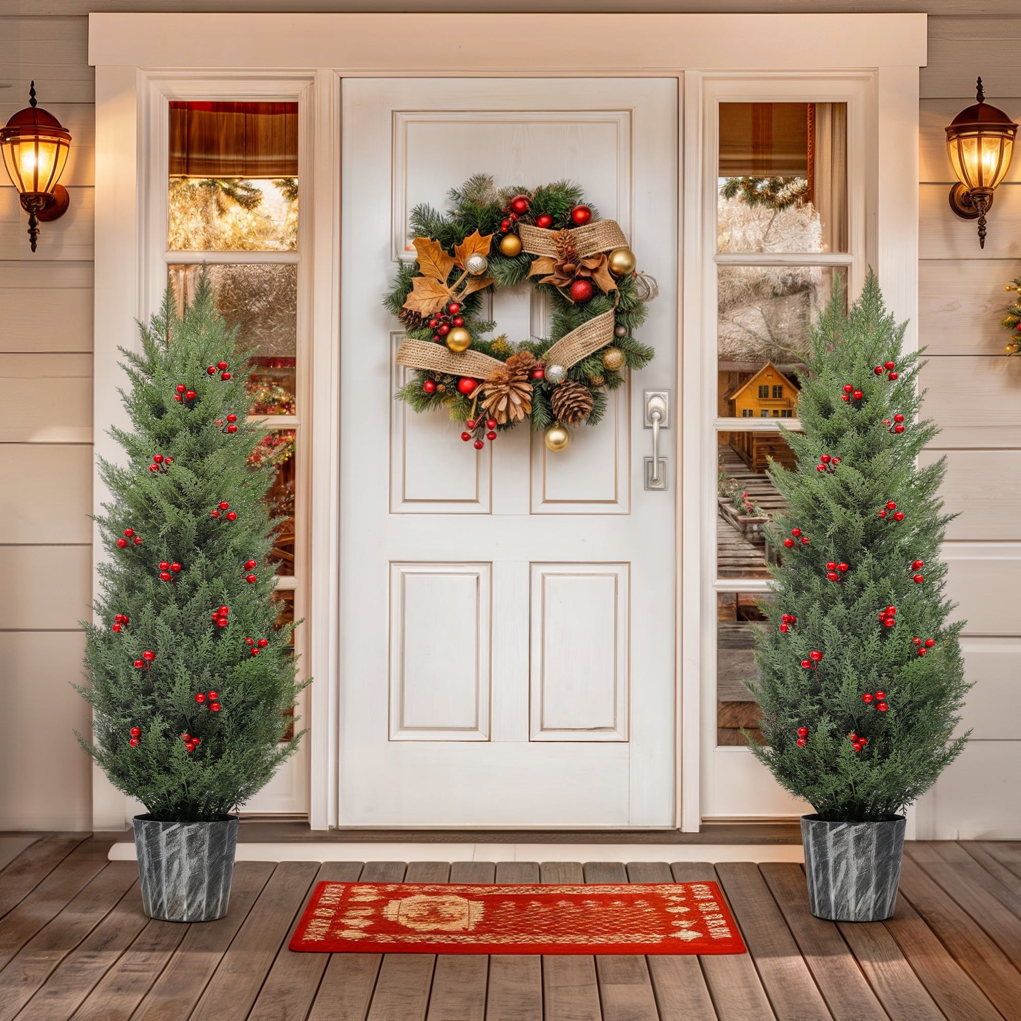 Uforic 4FT Artificial Cedar Topiary Tree ,Outdoor UV Resistant Artificial Cedar Tree Potted Plants with red Berries,for Home, Porch, Office Decor,2 Pcs