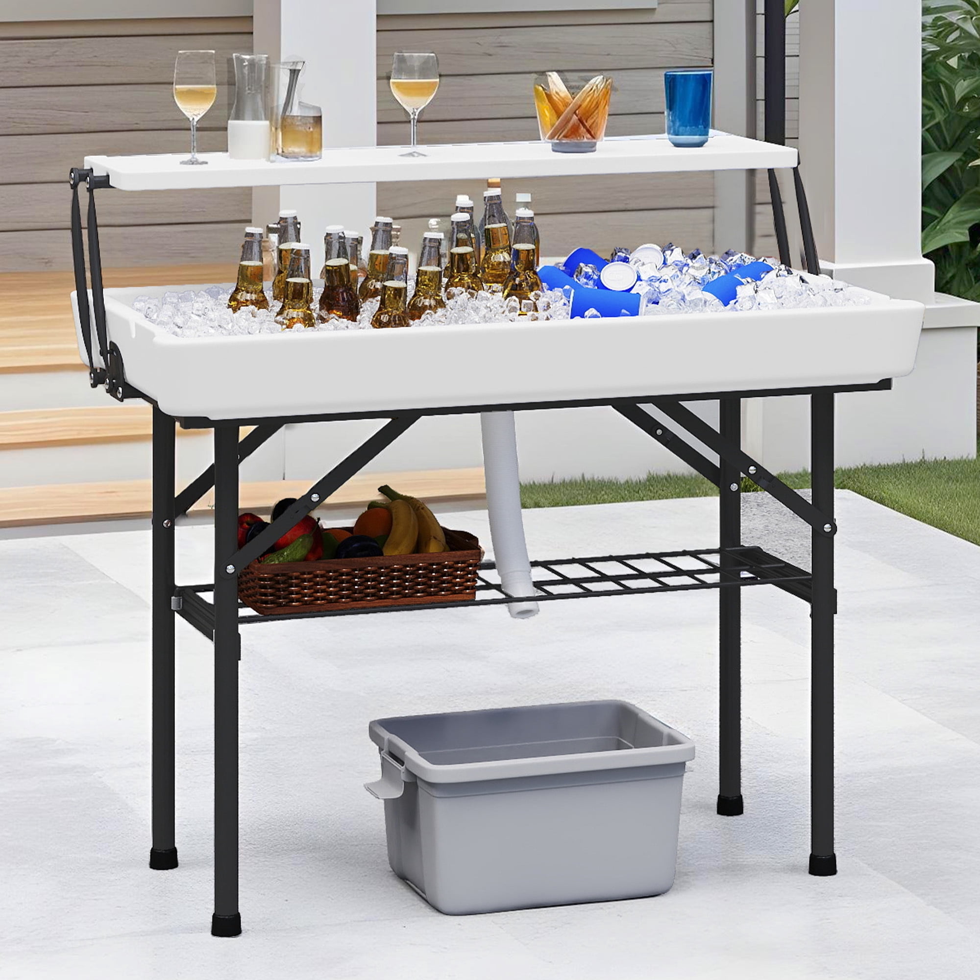 Uforic 4FT Two-Tier Folding Ice Cooler Table, Portable Party Ice Bin with Drain Hole and White Skirt, Outdoor Food Drink Station for BBQ, Camping, Wedding and Gathering