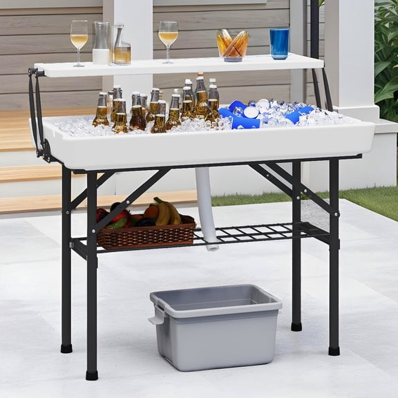 Uforic 4FT Two-Tier Folding Ice Cooler Table, Portable Party Ice Bin with Drain Hole and White Skirt, Outdoor Food Drink Station for BBQ, Camping, Wedding and Gathering
