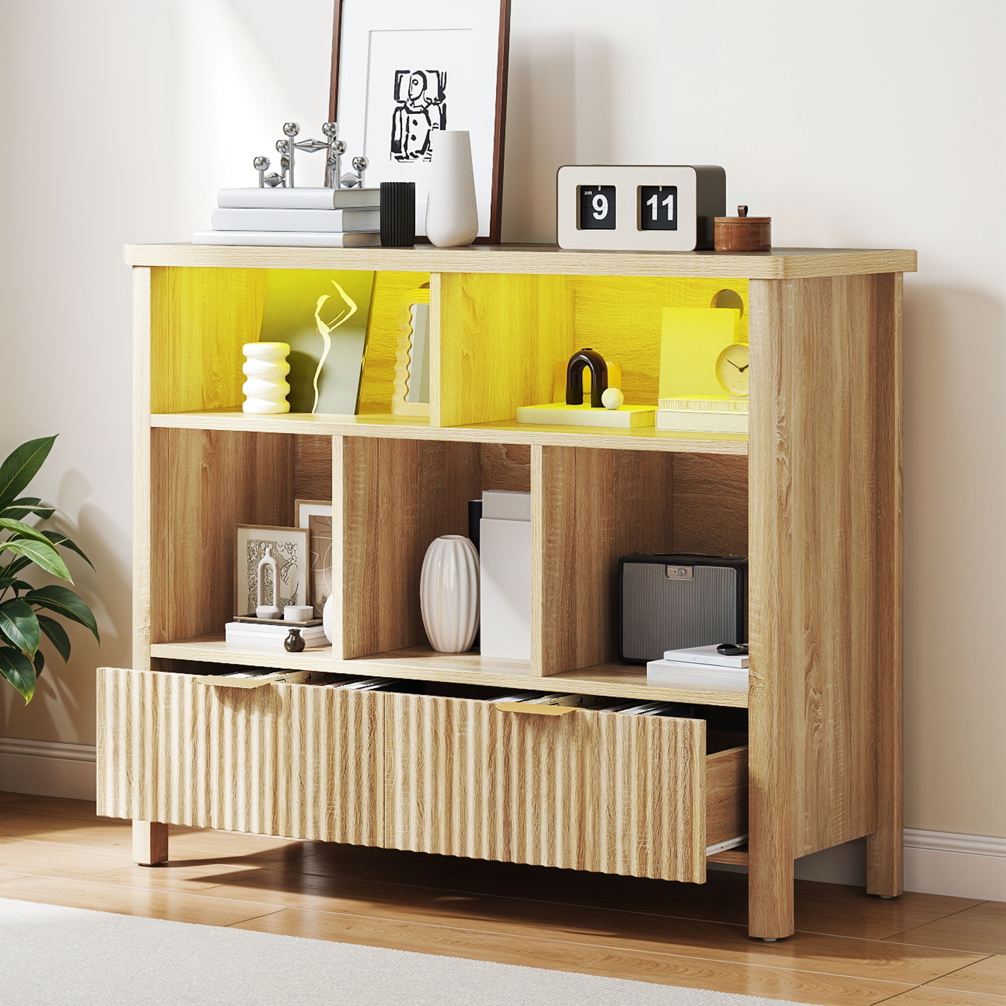 Uforic 5 Cube Bookcase with LED Light, Modern 3 Tier Bookshelf with Drawers for Home Office