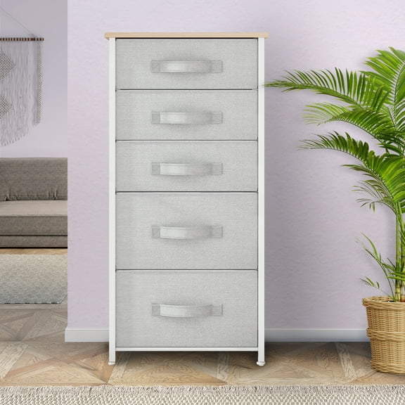 Uforic 5-Drawer Fabric Dresser, Storage Tower with Steel Frame & Wooden Top, Light Gray for Adults