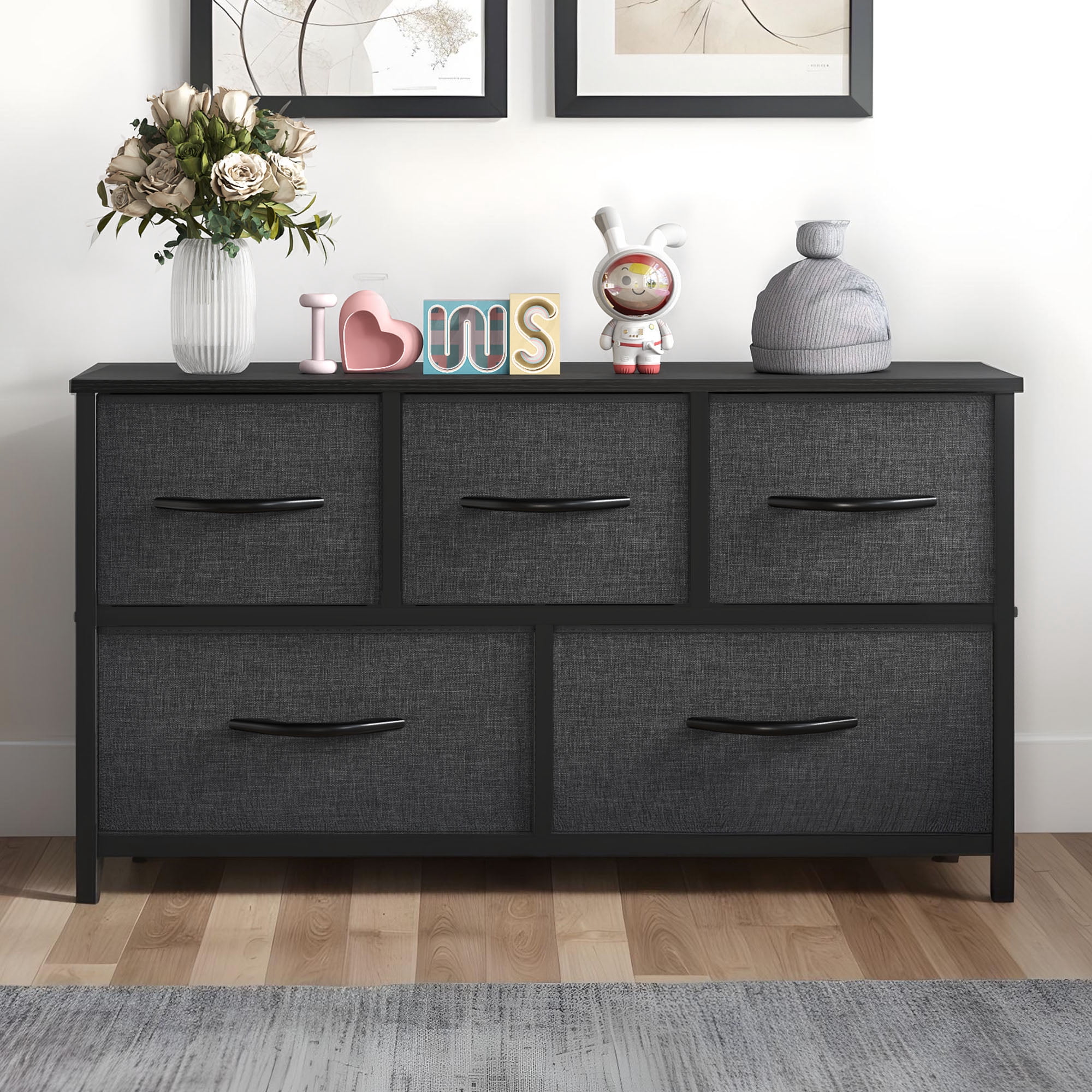 Uforic 5 Drawer Dresser Fabric, Wide Chest Of Drawers With Wood Top for ...