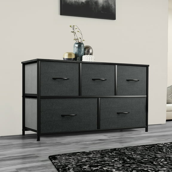 Uforic 5-Drawer Fabric Dresser for Adults with Wood Top for Bedroom, Living Room, Hallway, Black