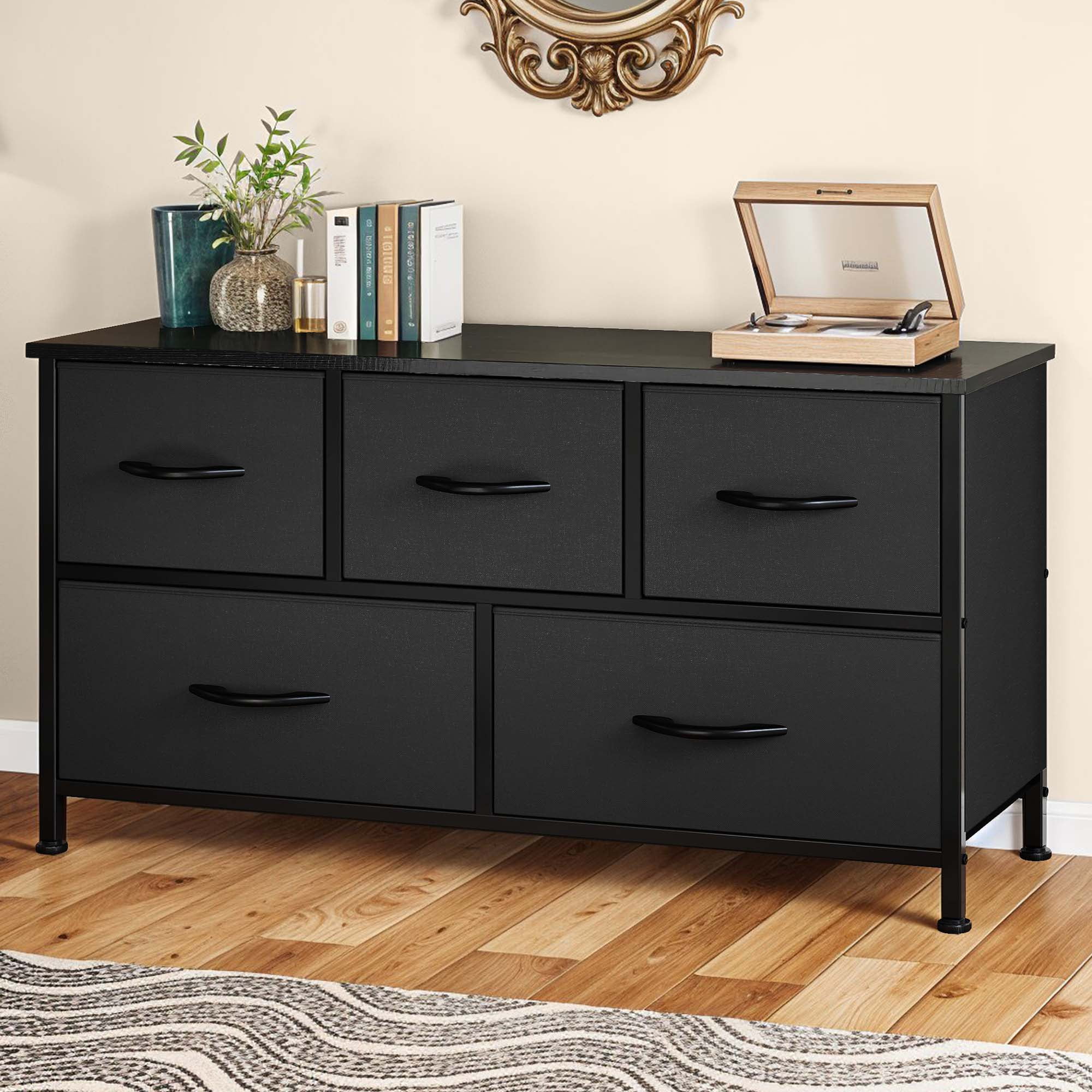 Uforic 5 Drawer Dresser for for Adult, Fabric Wide Chest of Drawers Nightstand Storage Tower Wooden Top, Black