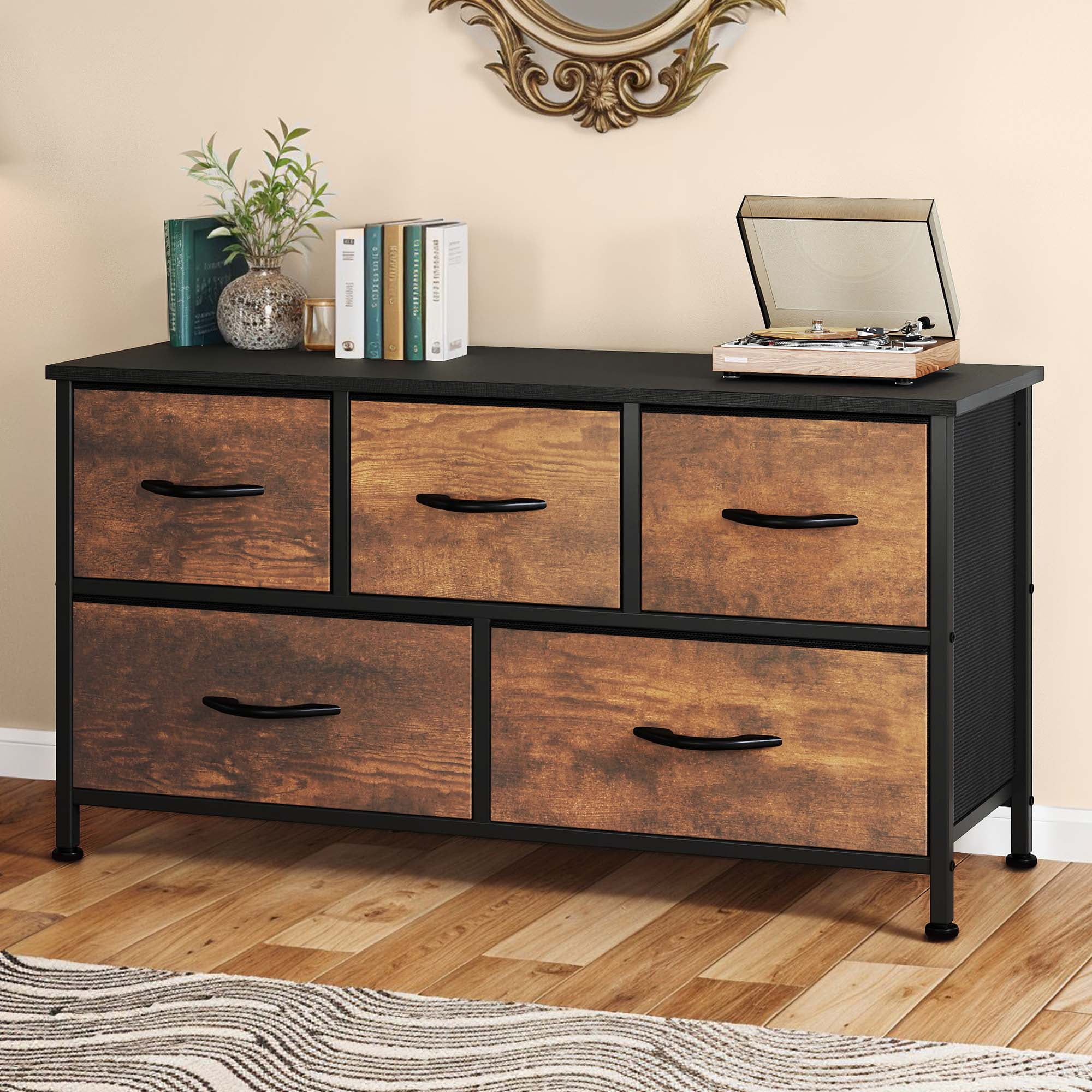 Uforic 5 Drawer Dresser for for Adult, Fabric Wide Chest of Drawers Nightstand Storage Tower Wooden Top, Brown