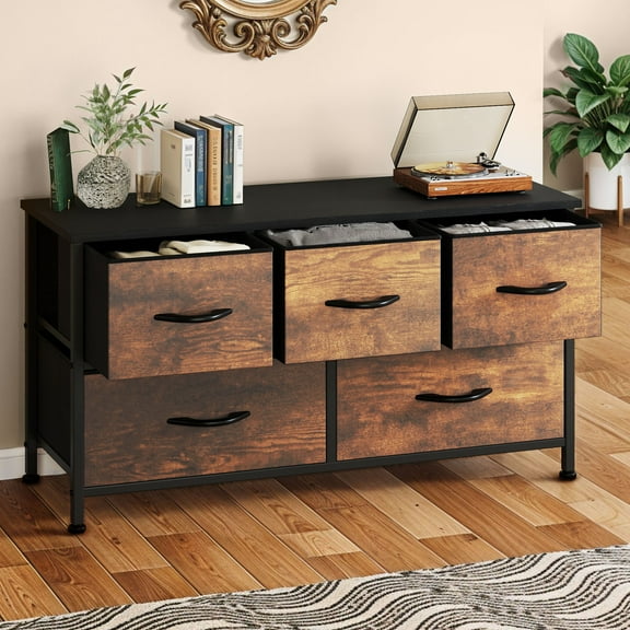 Uforic 5 Drawer Dresser for ,Fabric Wide Chest Of Drawers Nightstand Storage Tower Wooden Top, Brown