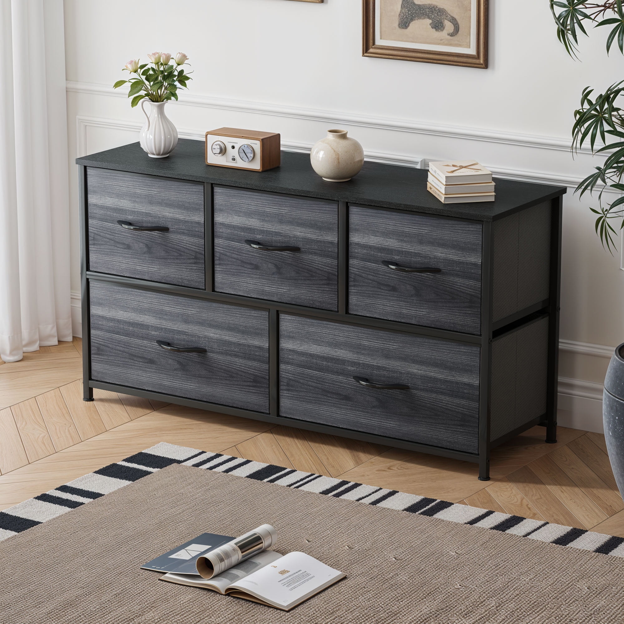Uforic 5-Drawer Fabric Dresser for Adults & Teens, Storage Tower with Steel Frame & Wood Top, Black