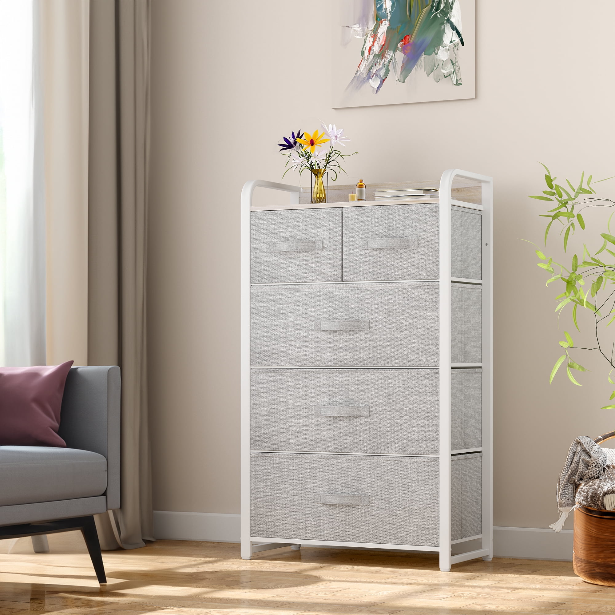 Uforic 5-Drawer Storage Tower,Fabric Dresser with Wooden Top and Steel Frame for Bedroom, Living Room, and Closet Organization