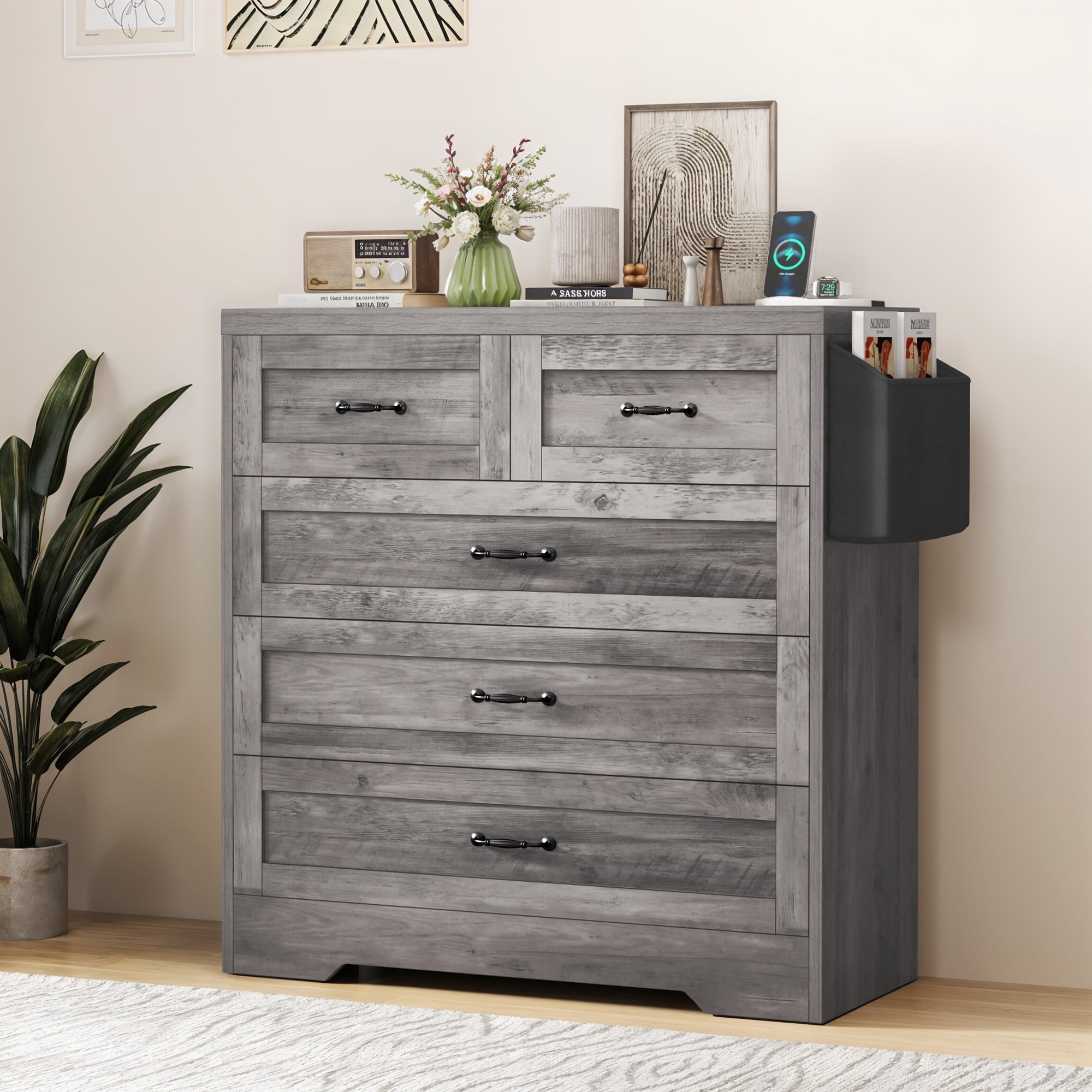 Uforic 5-Drawer Vertical Dresser Chest of Drawer with Power Outlets, Gray Uforic 5-Drawer Vertical Dresser Chest of Drawer with Power Outlets, Gray